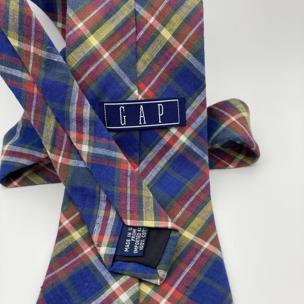 The‎ Gap Designer Cotton Tie Men's Necktie Made in USA Plaid Blue Yellow Green - Picture 2 of 4